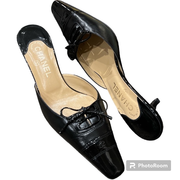 Vintage CHANEL elongated snipped toe mule patent cap toe 40 / 9 Made in Italy - Picture 2 of 6